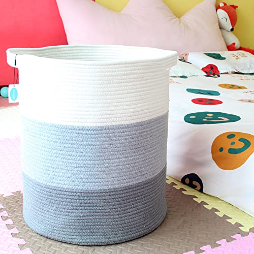 Casaphoria Cotton Rope Storage Basket for Organizing,Round Blanket Basket Living Room,Woven Laundry Basket with Handles for Bathroom Bedroom,Stripe Woven Cotton Laundry Hamper,Tall Laundry Basket