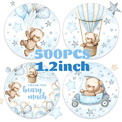 Bear Baby Stickers-500Pcs Thank You Beary Much Circle Labels,1.2 Inch Baby Shower Bear Theme Blue Candy Stickers for Kids