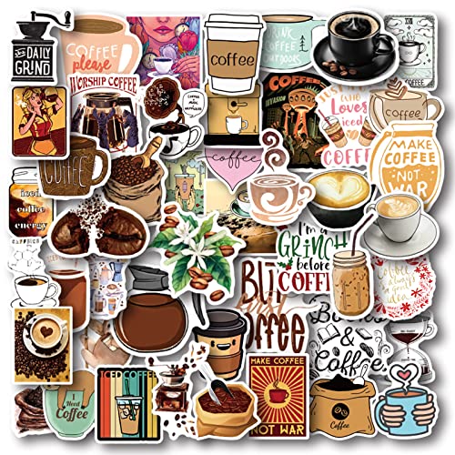 50 Pieces Coffee Stickers, Vinyl Coffee Water Bottle Sticker Pack for Coffee Gifts, Coffee Party Favors, Coffee Accessorise