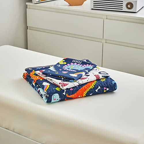 Quilted Toddler Bedding Set 4 Pieces Summer Navy Colorful Dinosaur Toddler Bed Set Includes Toddler Size Quilt Set, Flat Sheet, Fitted Sheet and Pillowcase