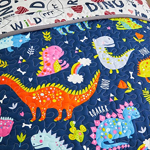 Quilted Toddler Bedding Set 4 Pieces Summer Navy Colorful Dinosaur Toddler Bed Set Includes Toddler Size Quilt Set, Flat Sheet, Fitted Sheet and Pillowcase