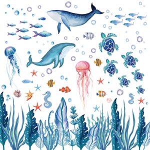 whaline 143 pieces ocean wall decals watercolor under the sea wild life animals wall stickers waterproof peel and stick removable murals for diy nursery bedroom living room bathroom wall art decor