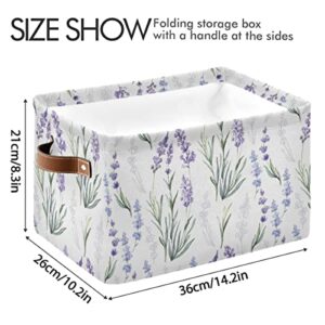 Lavender Flowers Storage Basket Fabric Storage Bin Laundry Baskets, Leaves Green Purple Foldable Storage Boxes Organizer Bag for Baby Cloth Dog Toy Book Storage Cubes Shelf Closet Basket 16×12×8