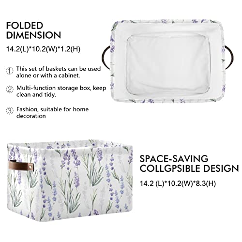 Lavender Flowers Storage Basket Fabric Storage Bin Laundry Baskets, Leaves Green Purple Foldable Storage Boxes Organizer Bag for Baby Cloth Dog Toy Book Storage Cubes Shelf Closet Basket 16×12×8