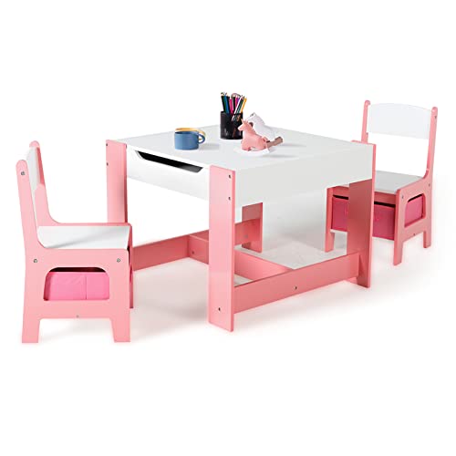 3 in 1 Kids Wood Table and 2 Chairs Set Kids Multi Activity Table and Chair with Storage Children Play Desk for Building Blocks Reading Drawing Art Playroom (Pink)