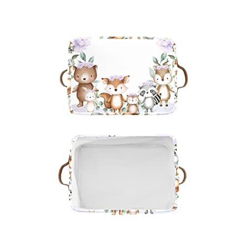 Woodland Animals Purple Flower Personalized Storage Bins,Foldable Baskets Organizer with Handle for Nursery Pet Toy Clothes Box 1 Pack