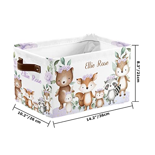 Woodland Animals Purple Flower Personalized Storage Bins,Foldable Baskets Organizer with Handle for Nursery Pet Toy Clothes Box 1 Pack