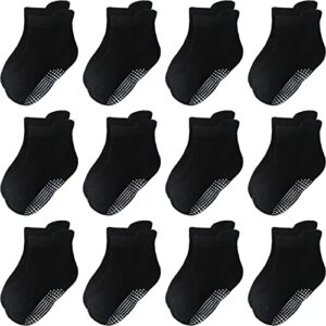 aroveea non slip grip ankle baby socks 3-5 years old black for toddler boys and girls kids socks 12 pack, cute cotton baby socks