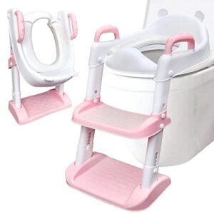 potty training seat with step stool ladder for kids, anti-slip and detachable soft pad, toddler toilet training seat with height adjustable wide steps and safety handles - pink