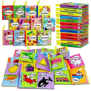 okooko baby books 12pcs soft cloth books bath books crinkle paper washable non-toxic educational preschool learning toy for babies infants toddlers kids (colors)