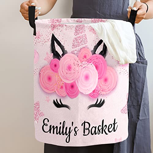 Unicorn Personalized Freestanding Laundry Hamper, Custom Waterproof Collapsible Drawstring Basket Storage Bins with Handle for Clothes