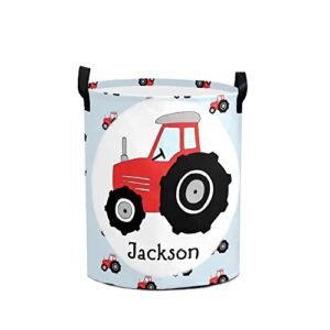 grandkli boy's red tractor pattern personalized freestanding laundry hamper, custom waterproof collapsible drawstring basket storage bins with handle for clothes, toy, 50cm x 36cm
