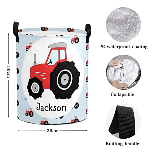 Grandkli Boy's Red Tractor Pattern Personalized Freestanding Laundry Hamper, Custom Waterproof Collapsible Drawstring Basket Storage Bins with Handle for Clothes, Toy, 50cm x 36cm
