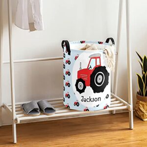 Grandkli Boy's Red Tractor Pattern Personalized Freestanding Laundry Hamper, Custom Waterproof Collapsible Drawstring Basket Storage Bins with Handle for Clothes, Toy, 50cm x 36cm