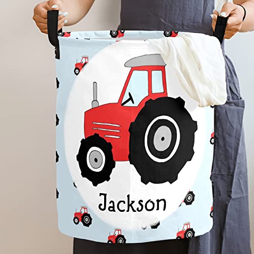 Grandkli Boy's Red Tractor Pattern Personalized Freestanding Laundry Hamper, Custom Waterproof Collapsible Drawstring Basket Storage Bins with Handle for Clothes, Toy, 50cm x 36cm