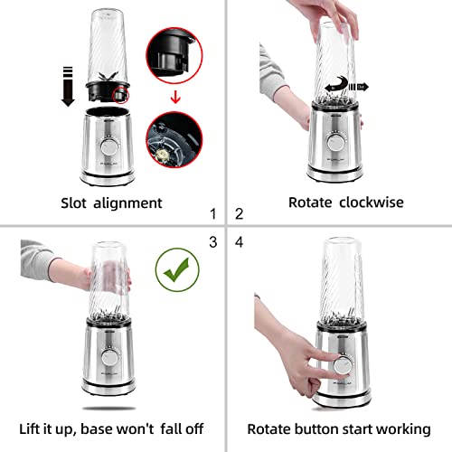 FORLIM Personal Blender for Shakes and Smoothies, Portable Smoothie Blender with 5 Speeds & Pulse,800-Watt, 8 Fins Turbo Blades, (2) 34 Oz + (1)12 Oz BPA-Free Tritan Travel Cups, (3) To-Go Lids, Stainless Steel Silver