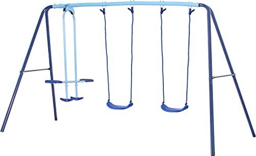 JYGOPLA 2 in 1 Metal Swing Set with Glider, Heavy Duty A-Frame with Two Swings Seats and One Glider, 4 Children, Ages 3 to 8 for Playground and Backyard, Blue