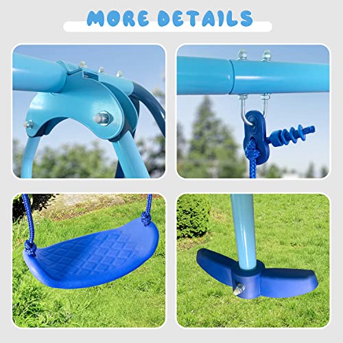 JYGOPLA 2 in 1 Metal Swing Set with Glider, Heavy Duty A-Frame with Two Swings Seats and One Glider, 4 Children, Ages 3 to 8 for Playground and Backyard, Blue