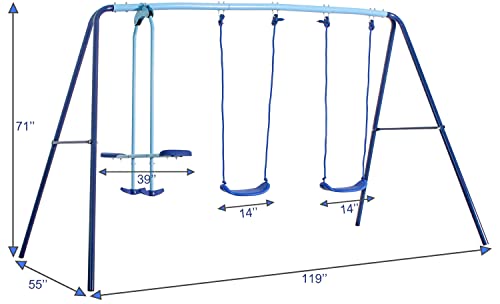 JYGOPLA 2 in 1 Metal Swing Set with Glider, Heavy Duty A-Frame with Two Swings Seats and One Glider, 4 Children, Ages 3 to 8 for Playground and Backyard, Blue