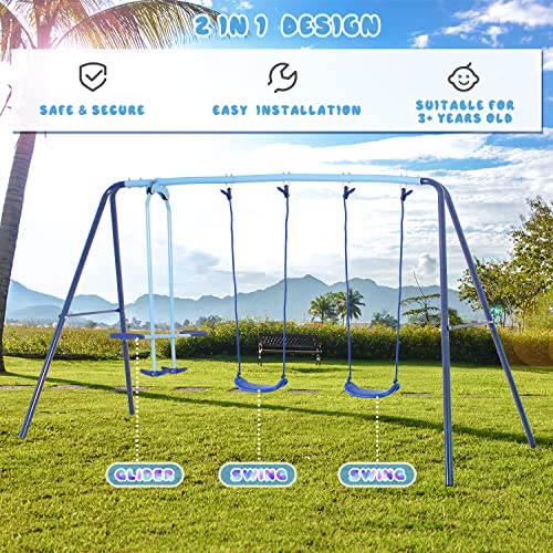 JYGOPLA 2 in 1 Metal Swing Set with Glider, Heavy Duty A-Frame with Two Swings Seats and One Glider, 4 Children, Ages 3 to 8 for Playground and Backyard, Blue