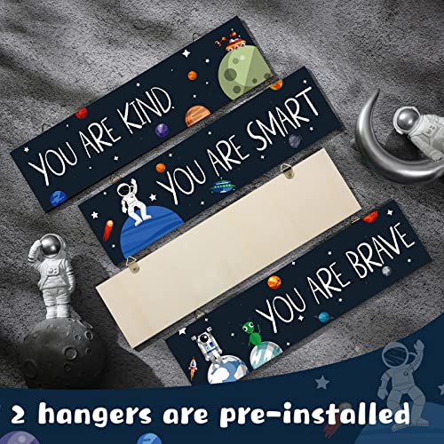 4 Pieces Inspirational Wall Art Decor Space Themed Bedroom Decor Motivational Wooden Kids Room Decor Nursery Hanging Playroom Decor Outer Space Room Decor for Baby Boys Toddler Classroom Decor