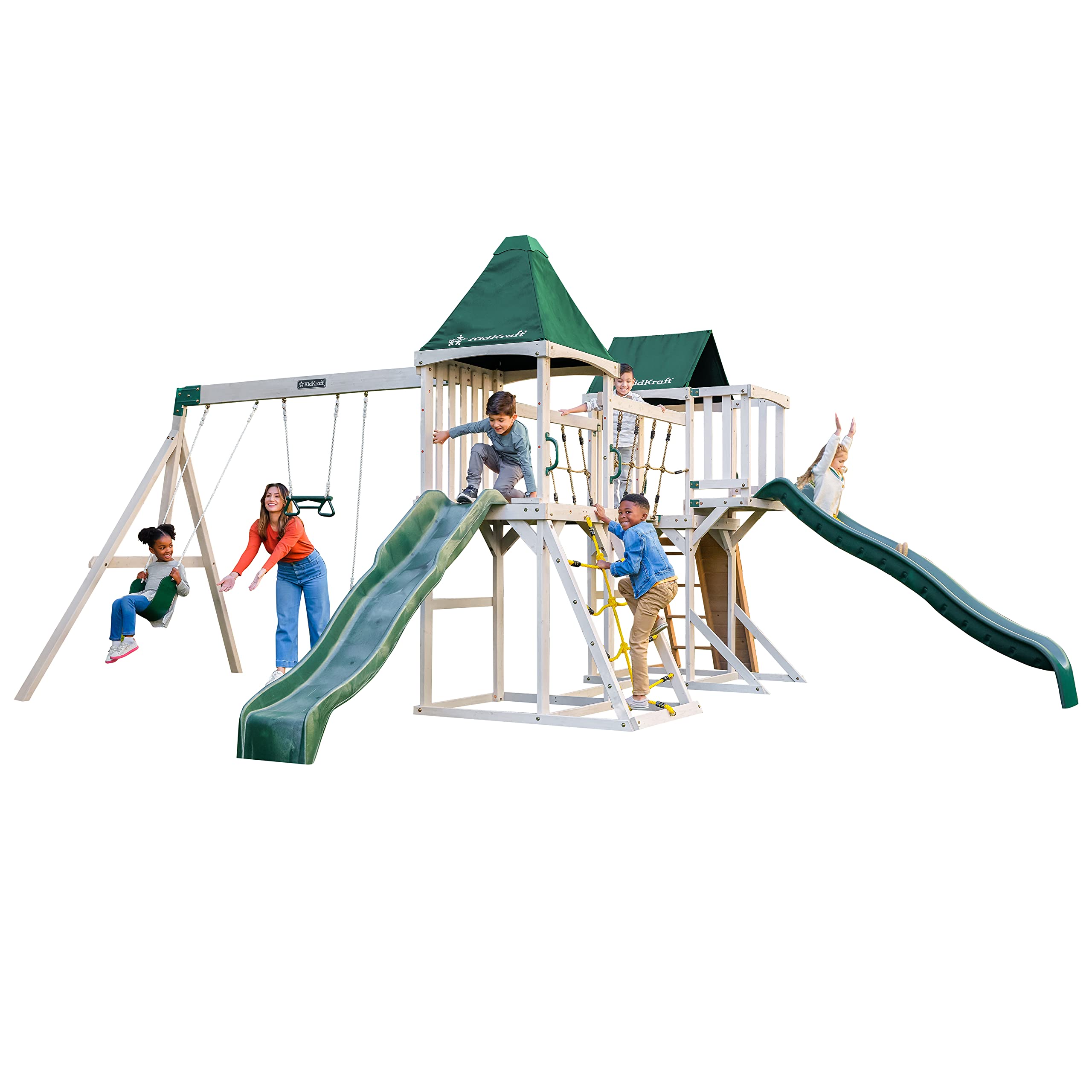 KidKraft Titan Cliffs Wooden Outdoor Swing Set/Playset with Slides, Ninja Rope Bridge and 3 Swings