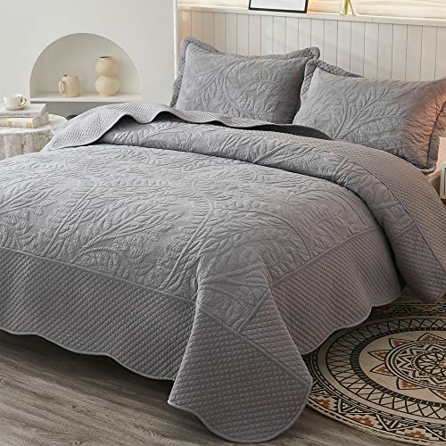 MarCielo 3-Piece 100% Cotton Oversized Bedspread Set Coverlet Set Lightweight Quilt Set Embroidery Farmhouse Bedding Set (Noble Grey, Queen (100"x106"))