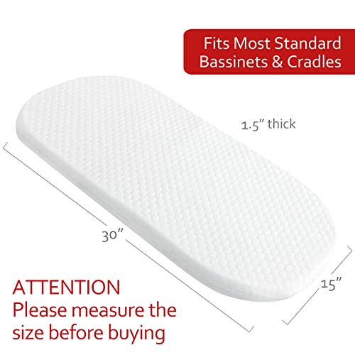 Baby Bassinet Mattress Topper with Waterproof Bamboo Cover 15" x 30" x 1.5", Breathable Oval Bassinet Mattress Pad Ultra Soft, for Moses Basket, Fit Many Cradle Brand and Style