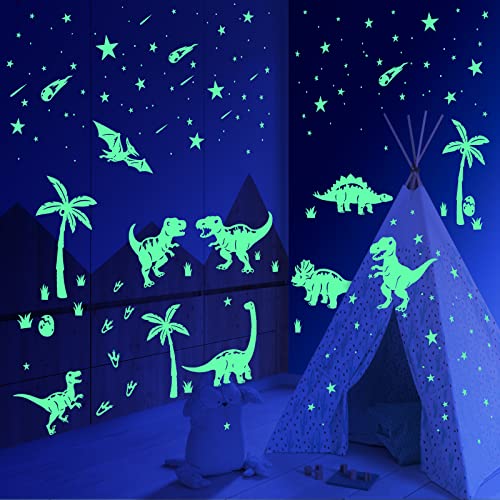 Dinosaur Room Decor for Boys, Glow in The Dark Stickers, Dinosaur Wall Decals, Footprints, Eggs, Animal Tree Glow in The Dark Stars for Kids Toddler Girls Bedroom, Living Room