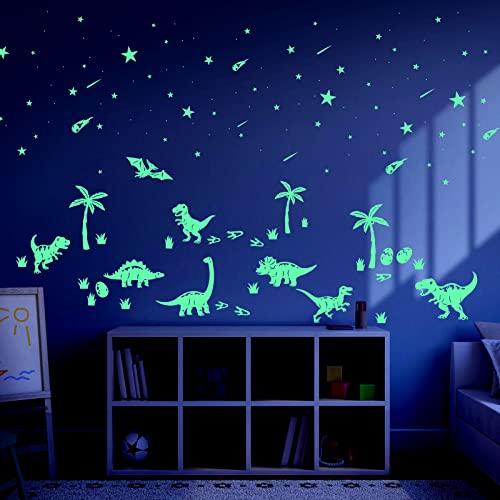 Dinosaur Room Decor for Boys, Glow in The Dark Stickers, Dinosaur Wall Decals, Footprints, Eggs, Animal Tree Glow in The Dark Stars for Kids Toddler Girls Bedroom, Living Room