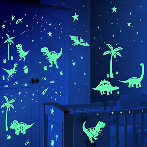 Dinosaur Room Decor for Boys, Glow in The Dark Stickers, Dinosaur Wall Decals, Footprints, Eggs, Animal Tree Glow in The Dark Stars for Kids Toddler Girls Bedroom, Living Room