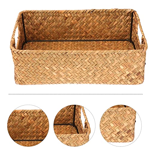 Housoutil 1pc Water Hyacinth Storage Baskets, Woven Basket with Carrying Handles, Decorative Rectangular Wicker Basket Storage Box for Nursery, Living Room, Bathroom 11.8x7.8x3.9in.