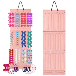 globalstore baby hair accessories storage, bow holder baby headband holder organizer hanging hair clips storage hanger with 21 detachable felt ribbons for baby girl hair ties, soft pink