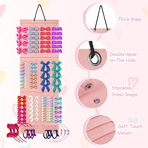 Globalstore Baby Hair Accessories Storage, Bow Holder Baby Headband Holder Organizer Hanging Hair Clips Storage Hanger with 21 Detachable Felt Ribbons for Baby Girl Hair Ties, Soft Pink