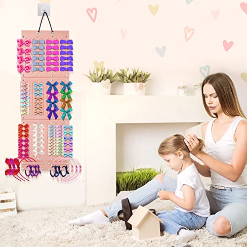 Globalstore Baby Hair Accessories Storage, Bow Holder Baby Headband Holder Organizer Hanging Hair Clips Storage Hanger with 21 Detachable Felt Ribbons for Baby Girl Hair Ties, Soft Pink