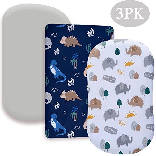 JAROSY Ultra Soft Baby Bassinet Sheets 3 Pack, Silky Skin-Friendly Cradle Sheets for Boys, 5'' Deep Pocket Fit Various Shaped Cradle and Bassinet Mattress, Dinosuars & Elephant & Grey