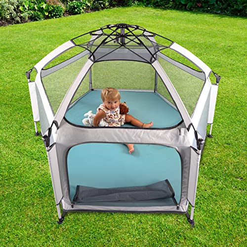 PRAVELO Hexagon Baby Playpen Mat – 59 Inch Wide Self-Inflating Play Pad Compatible with Pop N Go Playpen – Comfortable and Portable Pad for Babies Toddlers (Blue)