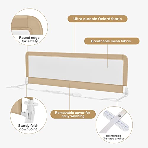 HONEY JOY Bed Rail for Toddlers, 71-in Extra Long, Portable Safety Bed Guardrail w/Double Safety Child Lock, Foldable Baby Bed Rail Guard, Fit King & Queen Full Twin Size Bed Mattress(Beige, Pack 2)