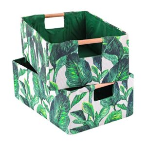 anminy 2pcs storage bins set foldable cotton linen fabric open storage baskets box cube with wood handles decorative nursery baby kid toys clothes towel laundry container - green leaves, large