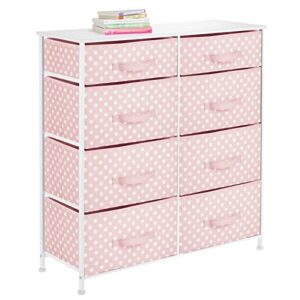 mdesign 35.3" high steel frame/wood top storage dresser furniture, 8 slim fabric drawers, large bureau organizer for baby, kid, teen bedroom, nursery, playroom, dorm, pink/white polka dot