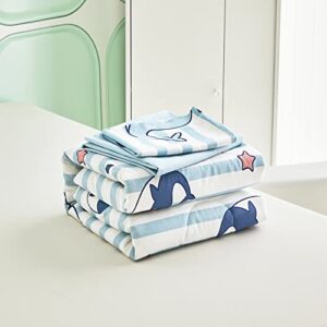 FlySheep 4 Pcs Cotton Toddler Bedding Set, Blue Striped and Whale Printed Ocean Style Soft Comforter Set for Kids Boys n Girls - Includes Quilted Comforter, Flat Sheet, Fitted Sheet & Pillow Case