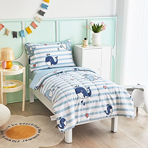 FlySheep 4 Pcs Cotton Toddler Bedding Set, Blue Striped and Whale Printed Ocean Style Soft Comforter Set for Kids Boys n Girls - Includes Quilted Comforter, Flat Sheet, Fitted Sheet & Pillow Case