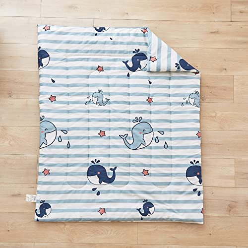 FlySheep 4 Pcs Cotton Toddler Bedding Set, Blue Striped and Whale Printed Ocean Style Soft Comforter Set for Kids Boys n Girls - Includes Quilted Comforter, Flat Sheet, Fitted Sheet & Pillow Case