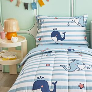 FlySheep 4 Pcs Cotton Toddler Bedding Set, Blue Striped and Whale Printed Ocean Style Soft Comforter Set for Kids Boys n Girls - Includes Quilted Comforter, Flat Sheet, Fitted Sheet & Pillow Case