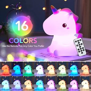 PIKOY Unicorn Night Light for Kids, Remote Sound Machine Baby Night Lights for Kids Room,16 Colors Silicone Kids Night Lights for Bedroom,USB Rechargeable Night Light Cute Lamp Unicorn Gifts for Girls