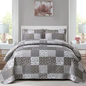 Mybedsoul Grey Boho Quilt Set King Size,3 Pieces Plaid Floral Bedspread Coverlet Set for All Season,Patchwork Reversible Bedding Set King 90"x104"