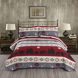 ycosy lodge bear quilt set king size cabin rustic bedspread coverlets reversible quilts lightweight lodge bedding set bear sunset printed bed covers,1 quilt + 2 pillow shams