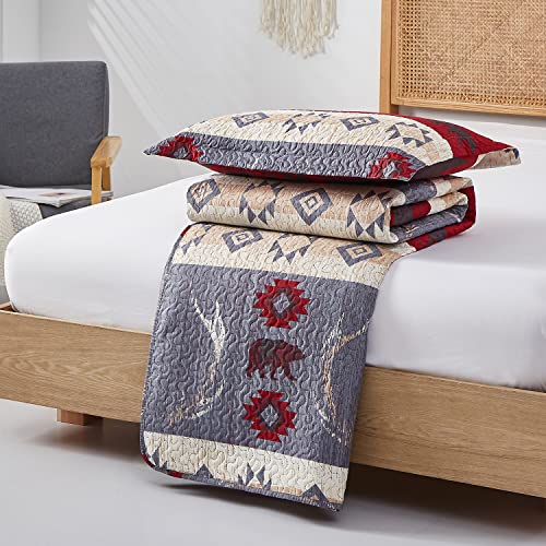 Ycosy Lodge Bear Quilt Set King Size Cabin Rustic Bedspread Coverlets Reversible Quilts Lightweight Lodge Bedding Set Bear Sunset Printed Bed Covers,1 Quilt + 2 Pillow Shams