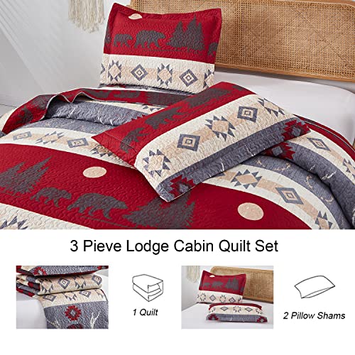 Ycosy Lodge Bear Quilt Set King Size Cabin Rustic Bedspread Coverlets Reversible Quilts Lightweight Lodge Bedding Set Bear Sunset Printed Bed Covers,1 Quilt + 2 Pillow Shams