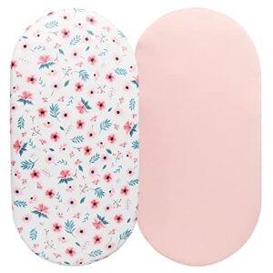 tontukatu bassinet sheet set 2 pack snug fitted cradle fitted sheets , stretchy ultra soft , for oval rectangle hourglass bassinet mattress , unisex boy girl , floral & pink
